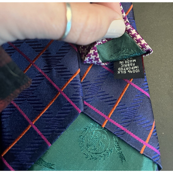 T Hilf 100% Silk Tie Diagonal Plaid Blue/Pink/Orange Houndstooth Jacquard - Picture 5 of 6